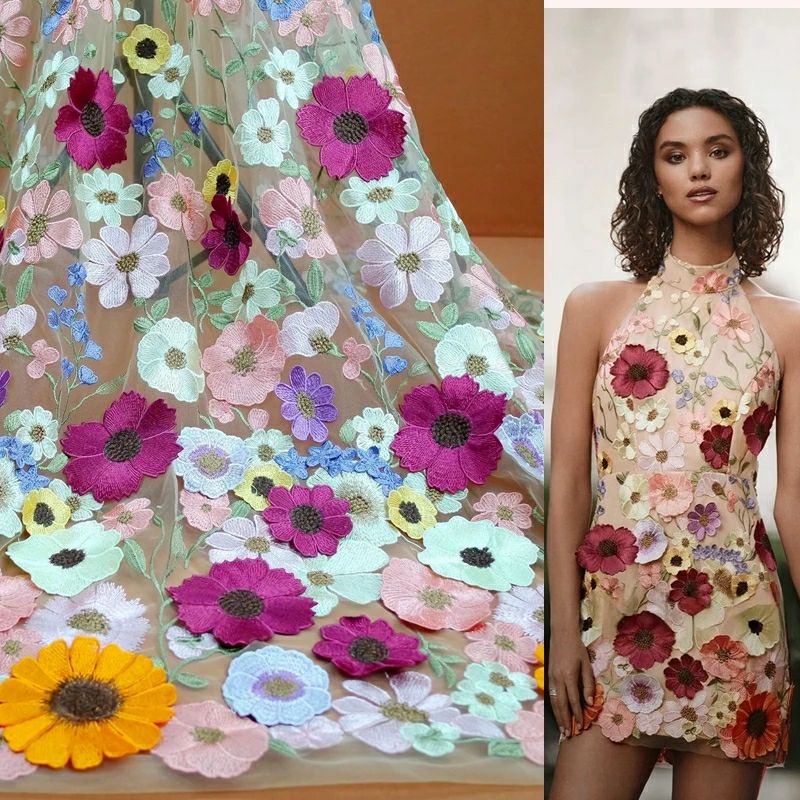 Embroidery Net Fabric - Tela colorida de encaje de flores